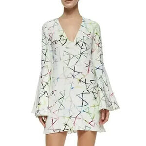 Alexis Giovanna Flounce Bell Sleeve V-Neck Mini Dress White Multi Women's Size S